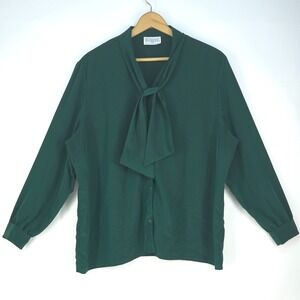Vintage Pendleton Button Up Shirt Womens 20W Tie Neck Green 80s Blouse Secretary
